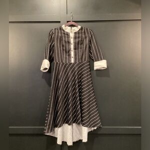 Cyanine Sea A-Line retro flare high low Cotton Silk polka dot Stripe Midi dress